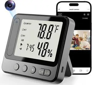 Hidden Camera Thermometer Hygrometer, 4K Discreet Nanny Camera - WiFi Remote View, Night Vision, Motion Detection,3-in-1 Wireless Spy Camera for Home/Office/Pet (Black) Hidden Camera Thermometer Hygrometer, 4K Discreet Nanny Camera - WiFi Remote View, Night Vision, Motion Detection,3-in-1 Wireless Spy Camera for Home/Office/Pet (Black)