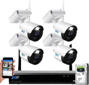 GW 8 Channel Wireless HD 4MP (2X 1080P) Home Security Camera System, 8ch WiFi NVR with 4 x 4MP Two-Way Audio Security Cameras, 180-Day Battery Life, Color Night Vision, Outdoor Indoor Surveillance GW 8 Channel Wireless HD 4MP (2X 1080P) Home Security Camera System, 8ch WiFi NVR with 4 x 4MP Two-Way Audio Security Cameras, 180-Day Battery Life, Color Night Vision, Outdoor Indoor Surveillance