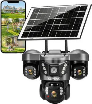 KEPEAK Solar Security Camera Outdoor Wireless, Triple Lens PTZ Camera, 360° Pan Tilt, Color Night Vision, PIR Motion Detection, Two-Way Audio, Battery Powered, IP66, V380 App KEPEAK Solar Security Camera Outdoor Wireless, Triple Lens PTZ Camera, 360° Pan Tilt, Color Night Vision, PIR Motion Detection, Two-Way Audio, Battery Powered, IP66, V380 App