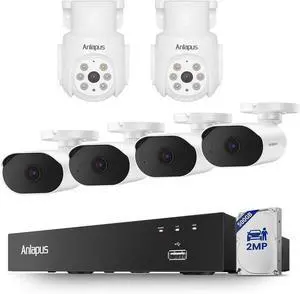 Anlapus 3K Lite Wired Security Camera System with 500GB HDD & Human Vehicle Detection, Includes 4 x 2MP Weatherproof Outdoor Cameras + 2 Pack 1080P Pan Tilt Cameras with Audio & Night Vision. Anlapus 3K Lite Wired Security Camera System with 500GB HDD & Human Vehicle Detection, Includes 4 x 2MP Weatherproof Outdoor Cameras + 2 Pack 1080P Pan Tilt Cameras with Audio & Night Vision.