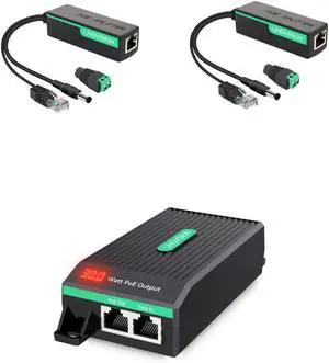 Gigabit 30W PoE+ Injector with LED Screen to Indicate Power Output and 12V PoE Splitter Gigabit 30W PoE+ Injector with LED Screen to Indicate Power Output and 12V PoE Splitter