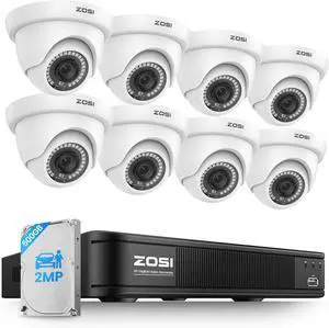 ZOSI 1080P H.265+ Home Security Camera System, 5MP Lite 8 Channel Surveillance DVR, 8 x 1080p Weatherproof CCTV Dome Camera Outdoor Indoor, Night Vision, Remote Access, 90° View Angle, 500GB HDD ZOSI 1080P H.265+ Home Security Camera System, 5MP Lite 8 Channel Surveillance DVR, 8 x 1080p Weatherproof CCTV Dome Camera Outdoor Indoor, Night Vision, Remote Access, 90° View Angle, 500GB HDD