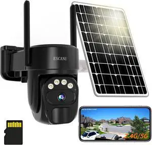 ESCANU Security Cameras Wirelss Outdoor Solar Powered for Home Security,360 View Outside Camera with SD Card, 5G/2.4GHz WiFi,Motion Detection,IP-65 Weather Proof,No Subscription Fee ESCANU Security Cameras Wirelss Outdoor Solar Powered for Home Security,360 View Outside Camera with SD Card, 5G/2.4GHz WiFi,Motion Detection,IP-65 Weather Proof,No Subscription Fee