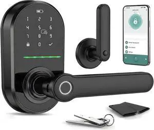HEI LIANG Smart Door Handle with Biometric Fingerprint,Keypad Keyless Entry Door Lock for Front Door,5-in-1 Electronic Door Lock with App Control,Auto Lock,Reversible for Left/Right Hand,Deep Black HEI LIANG Smart Door Handle with Biometric Fingerprint,Keypad Keyless Entry Door Lock for Front Door,5-in-1 Electronic Door Lock with App Control,Auto Lock,Reversible for Left/Right Hand,Deep Black