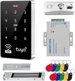 Tuya Smart WiFi Access Control System Kit IP68 Waterproof Keypad, 600lbs Magnetic Lock, Power Supply, Exit Button & 10 IC Fobs, Remote App Control for Office/Apartment/Home Security Tuya Smart WiFi Access Control System Kit IP68 Waterproof Keypad, 600lbs Magnetic Lock, Power Supply, Exit Button & 10 IC Fobs, Remote App Control for Office/Apartment/Home Security