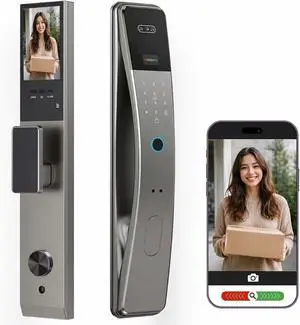 Smart Door Lock with Camera Display, Face Recognition, Fingerprint, Palm vin Scanner, Keypad, IC Cards, Keys, Silver Smart Door Lock with Camera Display, Face Recognition, Fingerprint, Palm vin Scanner, Keypad, IC Cards, Keys, Silver