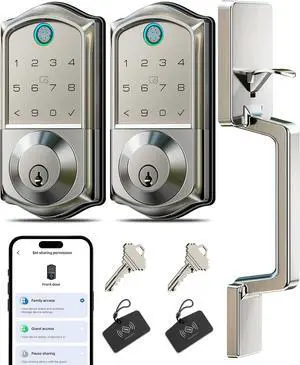 Veise VE017+VE017-D Fingerprint Smart Door Lock, App Control, 8-in-1 Keyless Entry, Auto Lock, Emergency Power Port, Electronic Touchscreen Keypad, Biometric Smart Locks for Front Door, Satin Nickel Veise VE017+VE017-D Fingerprint Smart Door Lock, App Control, 8-in-1 Keyless Entry, Auto Lock, Emergency Power Port, Electronic Touchscreen Keypad, Biometric Smart Locks for Front Door, Satin Nickel