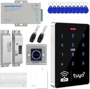 WiFi Tuya Access Control System Kit: Waterproof RFID Keypad + NC Electric Screw Lock + DC12V 5A Power Supply + Infrared Exit Button + 10 Keychains (13.56MHz) + 2 Remote Controls WiFi Tuya Access Control System Kit: Waterproof RFID Keypad + NC Electric Screw Lock + DC12V 5A Power Supply + Infrared Exit Button + 10 Keychains (13.56MHz) + 2 Remote Controls