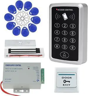 Complete Access Control System Kit RFID Keypad Reader (125KHz, 1000 Users), 180KG/350lb Magnetic Lock, 12V 3A Power Supply, Exit Button, 10 Key Key Fobs for Home Office Security Complete Access Control System Kit RFID Keypad Reader (125KHz, 1000 Users), 180KG/350lb Magnetic Lock, 12V 3A Power Supply, Exit Button, 10 Key Key Fobs for Home Office Security