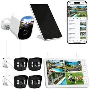 Security Camera Bundle: 2K Solar Outdoor Wireless Camera + 4Pcs Home Security Camera System with Monitor, AI Motion Detection, Night Vision, 2-Way Audio, Full House Coverage for Indoor Outdoor Use Security Camera Bundle: 2K Solar Outdoor Wireless Camera + 4Pcs Home Security Camera System with Monitor, AI Motion Detection, Night Vision, 2-Way Audio, Full House Coverage for Indoor Outdoor Use