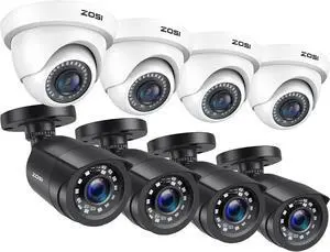 ZOSI 8 Pack HD-TVI Security Camera System, Includes 4 x 1080P Weatherproof Bullet Cameras + 4 x 2MP Dome Cameras with 80ft Night Vision, Indoor Outdoor for 1080P/5MP/4K Analog CCTV DVR. ZOSI 8 Pack HD-TVI Security Camera System, Includes 4 x 1080P Weatherproof Bullet Cameras + 4 x 2MP Dome Cameras with 80ft Night Vision, Indoor Outdoor for 1080P/5MP/4K Analog CCTV DVR.