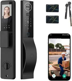 Smart Door Lock with Camera, 3D Face Recognition Door Lock with Video Doorbell & Indoor Screen, 8-in-1 Keyless Entry with Fingerprint, Palm Vein, PIN Code, Tuya App Control, 2-Way Audio Smart Door Lock with Camera, 3D Face Recognition Door Lock with Video Doorbell & Indoor Screen, 8-in-1 Keyless Entry with Fingerprint, Palm Vein, PIN Code, Tuya App Control, 2-Way Audio