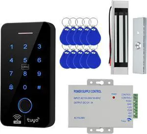 Tuya WiFi Fingerprint Access Control Kit:100FP/8000C/125kHz+13.56MHz/IP68backlit keypad, 180kg Maglock or Small Electric Lock, 10x IC Keyfobs, PSU, Exit Button Office/Warehouse (180kg) Tuya WiFi Fingerprint Access Control Kit:100FP/8000C/125kHz+13.56MHz/IP68backlit keypad, 180kg Maglock or Small Electric Lock, 10x IC Keyfobs, PSU, Exit Button Office/Warehouse (180kg)