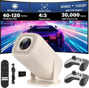 Mini Video Projector with WiFi and Bluetooth, 720P 200 ANSI, Android 14, Compatible with 36000+ Games 14 Emulators, 180° Rotatable Smart Projector for Home Theater, Outdoor (U5,Cream White) Mini Video Projector with WiFi and Bluetooth, 720P 200 ANSI, Android 14, Compatible with 36000+ Games 14 Emulators, 180° Rotatable Smart Projector for Home Theater, Outdoor (U5,Cream White)