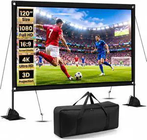 120 inch Projector Screen with Stand, 16:9 4K HD Portable Outdoor Indoor Movie Screen, Lightweight Projection Screen with Carry Bag & Sandbag for Backyard, Home Theater, Camping 120 inch Projector Screen with Stand, 16:9 4K HD Portable Outdoor Indoor Movie Screen, Lightweight Projection Screen with Carry Bag & Sandbag for Backyard, Home Theater, Camping