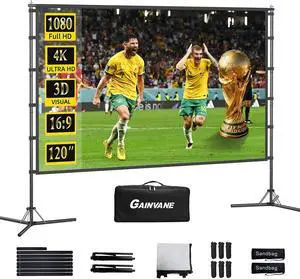 Outdoor Projector Screen Stand, GAINVANE 120 inch Portable Projector Screen Black Backing, Indoor Projection Screen 16:9 4K HD Wrinkle-Free Movie Screen with Storage Bag for Backyard Cinema Outdoor Projector Screen Stand, GAINVANE 120 inch Portable Projector Screen Black Backing, Indoor Projection Screen 16:9 4K HD Wrinkle-Free Movie Screen with Storage Bag for Backyard Cinema