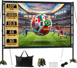 Outdoor Projector Screen with Stand 120 Inch, 16:9 Portable 4K HD Indoor Movie Screen, Large Double-Sided Washable Screen with Carry Bag, Sandbags for Backyard, Camping, Home Theater Outdoor Projector Screen with Stand 120 Inch, 16:9 Portable 4K HD Indoor Movie Screen, Large Double-Sided Washable Screen with Carry Bag, Sandbags for Backyard, Camping, Home Theater