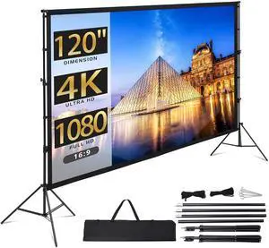 Projector Screen with Stand, 120 inch Portable Projection Screen, 16:9 4K HD Rear & Front Projections Movies Screen with Carry Bag, for Indoor Outdoor Home Theater Backyard Camping Projector Screen with Stand, 120 inch Portable Projection Screen, 16:9 4K HD Rear & Front Projections Movies Screen with Carry Bag, for Indoor Outdoor Home Theater Backyard Camping