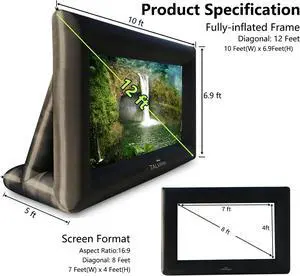 12 Feet Inflatable Projector Screen for Outdoor and Indoor TV Movie Watching Blower, Tie Downs, Stakes, Sandbags, and Storage Bag + Step-by-Step Guide, Quick Blow Up (Black) 12 Feet Inflatable Projector Screen for Outdoor and Indoor TV Movie Watching Blower, Tie Downs, Stakes, Sandbags, and Storage Bag + Step-by-Step Guide, Quick Blow Up (Black)