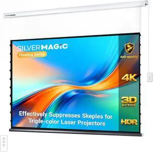Tensioned Motorized Projector Screen for RGB Laser Projectors by SilverMagic - Speckle Reducing, White Floating Screen for Home Theater/Living Room/Patio/Office/Classroom - 120 Inch 16:9 Tensioned Motorized Projector Screen for RGB Laser Projectors by SilverMagic - Speckle Reducing, White Floating Screen for Home Theater/Living Room/Patio/Office/Classroom - 120 Inch 16:9