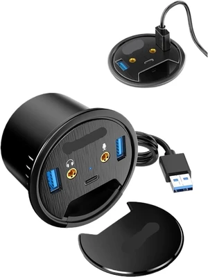 Desktop Grommet USB 3 HUB with Headphone Microphone Port TY>pe C Card Reader OTG Adapter Splitter for Accessories(USB 3.0) Desktop Grommet USB 3 HUB with Headphone Microphone Port TY>pe C Card Reader OTG Adapter Splitter for Accessories(USB 3.0)