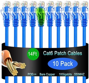 Cat6 Ethernet Patch Cable 14 ft (10 Pack), Cat6 Patch Cable for Data Centers, Cat 6 Patch Cable 10G, Network Patch Cables for Home and Enterprise Network -Blue Cat6 Ethernet Patch Cable 14 ft (10 Pack), Cat6 Patch Cable for Data Centers, Cat 6 Patch Cable 10G, Network Patch Cables for Home and Enterprise Network -Blue