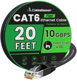 Cat 6 Ethernet Cable 20 ft, Indoor&Outdoor, High Speed 10Gbps Flat Internet Network Cable, Pure Copper Ethernet Patch Cable Long, Computer LAN Cable with Clips & Straps for Router, Modem, PS4/5, Black Cat 6 Ethernet Cable 20 ft, Indoor&Outdoor, High Speed 10Gbps Flat Internet Network Cable, Pure Copper Ethernet Patch Cable Long, Computer LAN Cable with Clips & Straps for Router, Modem, PS4/5, Black