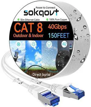 Sokqovt Cat 8 Ethernet Cable Slim 150ft Outdoor&Indoor, Pure Copper Cat8 Internet Cable for Waterproof & Direct Burial, Flexible Cat8 Ethernet Cable 40G 2000MHZ, Cat 8 Network Cable for Indoor White Sokqovt Cat 8 Ethernet Cable Slim 150ft Outdoor&Indoor, Pure Copper Cat8 Internet Cable for Waterproof & Direct Burial, Flexible Cat8 Ethernet Cable 40G 2000MHZ, Cat 8 Network Cable for Indoor White