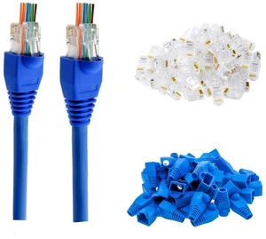 RJ45 Cat6 Pass Through Connectors Gold Plated 8P8C Ends and Blue Strain Relief Boots for CAT6 RJ45 Ethernet Network Cable Connector Plug Cover 100/100 (200 Packs Total) RJ45 Cat6 Pass Through Connectors Gold Plated 8P8C Ends and Blue Strain Relief Boots for CAT6 RJ45 Ethernet Network Cable Connector Plug Cover 100/100 (200 Packs Total)