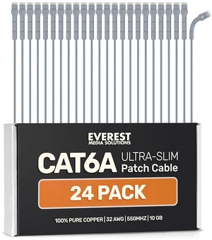 Everest Ultra Slim Cat6a Ethernet Patch Cables 1ft (24-Pack) Gray | Bendable, Thin and Flexible Everest Ultra Slim Cat6a Ethernet Patch Cables 1ft (24-Pack) Gray | Bendable, Thin and Flexible