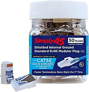 Simply45 Standard Shielded (Internal Ground) RJ45 Modular Plugs for Cat5e STP and 8-24AWG Cat5e/6/6a STP Stranded - Blue Tint, 3 Prong Pin Design - 50-Pieces - S45-1050 Simply45 Standard Shielded (Internal Ground) RJ45 Modular Plugs for Cat5e STP and 8-24AWG Cat5e/6/6a STP Stranded - Blue Tint, 3 Prong Pin Design - 50-Pieces - S45-1050