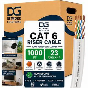 DG Cat6 Riser (CMR), 1000ft, Unshielded, 23AWG, Solid Bare Copper, Up to 10Gb Speeds, No Spline, Faster-Easier Terminations, 550MHz, ETL Listed, Indoor/Home/Commercial Use, Bulk Ethernet Cable, White DG Cat6 Riser (CMR), 1000ft, Unshielded, 23AWG, Solid Bare Copper, Up to 10Gb Speeds, No Spline, Faster-Easier Terminations, 550MHz, ETL Listed, Indoor/Home/Commercial Use, Bulk Ethernet Cable, White