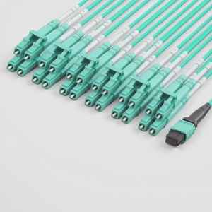 24 Fiber MPO to LC Breakout Cable, OM4 Multimode 50/125µm, Type B Polarity, Female MPO (No Pins) to 12x LC Duplex, 100G/200G/400G, Aqua, 1m (39.37 in) for Data Center, QSFP+ to SFP+ 24 Fiber MPO to LC Breakout Cable, OM4 Multimode 50/125µm, Type B Polarity, Female MPO (No Pins) to 12x LC Duplex, 100G/200G/400G, Aqua, 1m (39.37 in) for Data Center, QSFP+ to SFP+