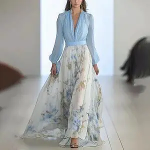 New style European-style dress with printed pattern, long sleeves, V-neck, and patchwork design. New style European-style dress with printed pattern, long sleeves, V-neck, and patchwork design.
