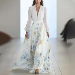 New style European-style dress with printed pattern, long sleeves, V-neck, and patchwork design. New style European-style dress with printed pattern, long sleeves, V-neck, and patchwork design.