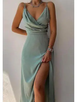 European-style printed summer halter-neck V-neck slip dress with slit opening European-style printed summer halter-neck V-neck slip dress with slit opening