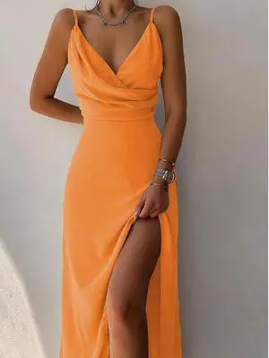 European-style printed summer halter-neck V-neck slip dress with slit opening European-style printed summer halter-neck V-neck slip dress with slit opening