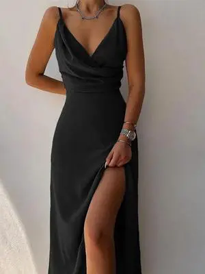 European-style printed summer halter-neck V-neck slip dress with slit opening European-style printed summer halter-neck V-neck slip dress with slit opening