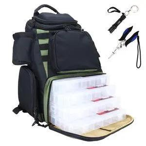 Fishing Backpack, Fits 4 Large Tackle Boxes MOLLE Webbing Rod Holder Waterproof Cover, Includes Pliers Flashlight Fishing Backpack, Fits 4 Large Tackle Boxes MOLLE Webbing Rod Holder Waterproof Cover, Includes Pliers Flashlight