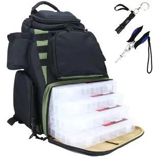 Fishing Backpack, Fits 4 Large Tackle Boxes MOLLE Webbing Rod Holder Waterproof Cover, Includes Pliers Flashlight Fishing Backpack, Fits 4 Large Tackle Boxes MOLLE Webbing Rod Holder Waterproof Cover, Includes Pliers Flashlight