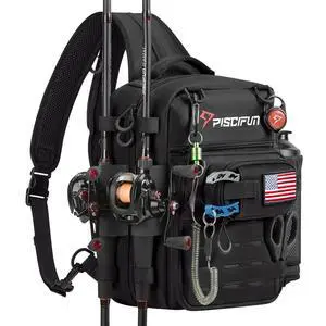 Fishing Tackle Backpack, 3-Way Carry with Rod Holders | 16 smart pockets, 2 rod holders, Rain cover, Breathable back support, Convertible sling/waist/backpack carry Fishing Tackle Backpack, 3-Way Carry with Rod Holders | 16 smart pockets, 2 rod holders, Rain cover, Breathable back support, Convertible sling/waist/backpack carry