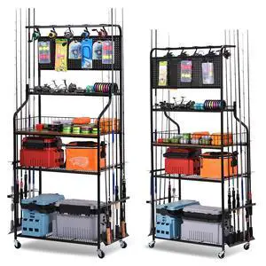 Heavy Duty Fishing Rod Rack, Fishing Organizer for Garage, Fishing Gear Holder for Garage with Movable Wheels Heavy Duty Fishing Rod Rack, Fishing Organizer for Garage, Fishing Gear Holder for Garage with Movable Wheels