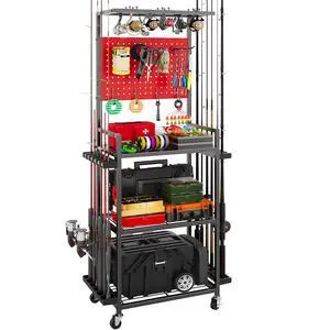 Fishing Rod Holders for Garage, Fishing Rod Storage Rack with Hooks & Wheels, Fishing Pole Holder Organizer, Tackle Box & Reel Storage Red Fishing Rod Holders for Garage, Fishing Rod Storage Rack with Hooks & Wheels, Fishing Pole Holder Organizer, Tackle Box & Reel Storage Red