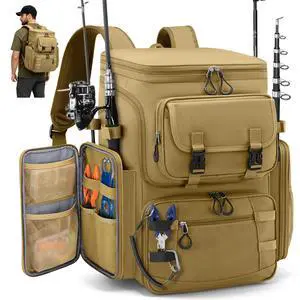 Fishing Backpack, 45L Large Water-resistant Fishing Tackle Bag | with 4 Rod Holders & Insulated Cooler & Rain Cover Professional 900D Oxford Tackle Backpack for Men Gift Khaki Fishing Backpack, 45L Large Water-resistant Fishing Tackle Bag | with 4 Rod Holders & Insulated Cooler & Rain Cover Professional 900D Oxford Tackle Backpack for Men Gift Khaki