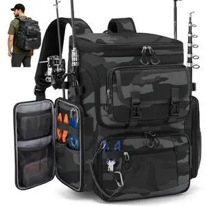 Fishing Backpack, 45L Large Water-resistant Fishing Tackle Bag | with 4 Rod Holders & Insulated Cooler & Rain Cover Professional 900D Oxford Tackle Backpack for Men Gift Gray Camouflage Fishing Backpack, 45L Large Water-resistant Fishing Tackle Bag | with 4 Rod Holders & Insulated Cooler & Rain Cover Professional 900D Oxford Tackle Backpack for Men Gift Gray Camouflage