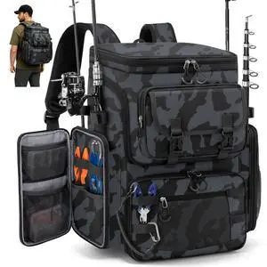 Fishing Backpack, 45L Large Fishing Bag with 4 Rod Holders & Insulated Cooler Professional Fishing Tackle Backpack with Rain Cover Waterproof Tackle Bag for Men Gift, Black Camouflage Fishing Backpack, 45L Large Fishing Bag with 4 Rod Holders & Insulated Cooler Professional Fishing Tackle Backpack with Rain Cover Waterproof Tackle Bag for Men Gift, Black Camouflage