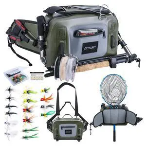 Waterproof Fishing Waist Pack, IPX8 840D TPU Large Tackle Bag with Rod Holder, Airtight Zipper Closure, Fly Fishing Bag with Adjustable Waist Strap, Sling Fanny Pack with 16pcs Popper Flies Waterproof Fishing Waist Pack, IPX8 840D TPU Large Tackle Bag with Rod Holder, Airtight Zipper Closure, Fly Fishing Bag with Adjustable Waist Strap, Sling Fanny Pack with 16pcs Popper Flies