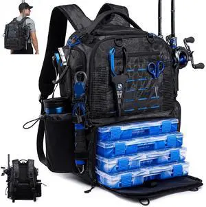 Fishing Tackle Backpack with Tackle Boxes, Two Rod Holders, Bottle Holder, 50L Waterproof Tackle Bag for Fishing Gear, Fish Gifts for Men, Black Camo (4 Tackle Boxes Included Fishing Tackle Backpack with Tackle Boxes, Two Rod Holders, Bottle Holder, 50L Waterproof Tackle Bag for Fishing Gear, Fish Gifts for Men, Black Camo (4 Tackle Boxes Included