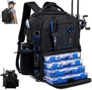 Fishing Tackle Backpack with Tackle Boxes, Two Rod Holders, Bottle Holder, 50L Waterproof Tackle Bag for Fishing Gear, Fish Gifts for Men, Black (4 Tackle Boxes Included Fishing Tackle Backpack with Tackle Boxes, Two Rod Holders, Bottle Holder, 50L Waterproof Tackle Bag for Fishing Gear, Fish Gifts for Men, Black (4 Tackle Boxes Included
