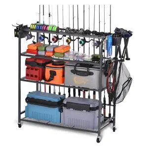 Heavy Duty Fishing Rod Rack, Fishing Organizer for Garage, Fishing Gear Holder for Garage with Movable Wheels Heavy Duty Fishing Rod Rack, Fishing Organizer for Garage, Fishing Gear Holder for Garage with Movable Wheels